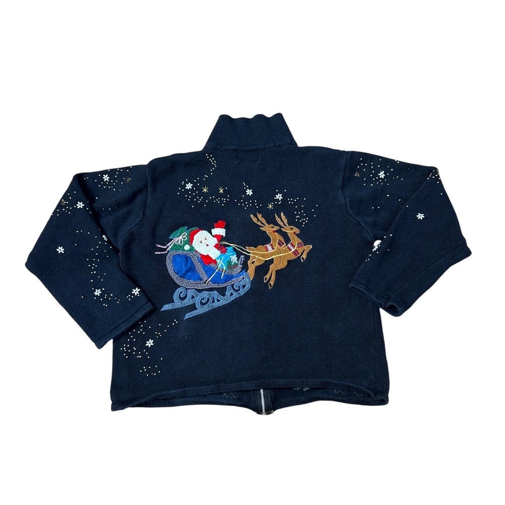 Designers Originals Studio Sweater Womens Black Santa Christmas Zip SIZE S